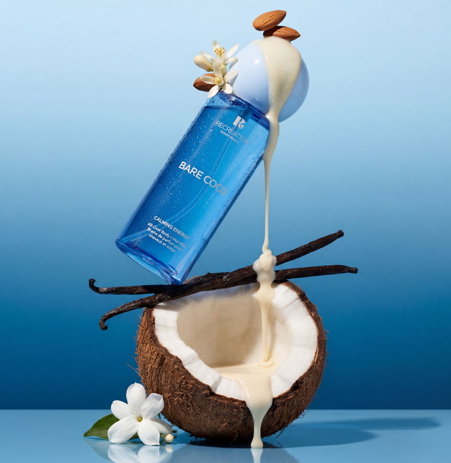 Coconut and almond body mist bottle featuring soft tropical fragrance notes