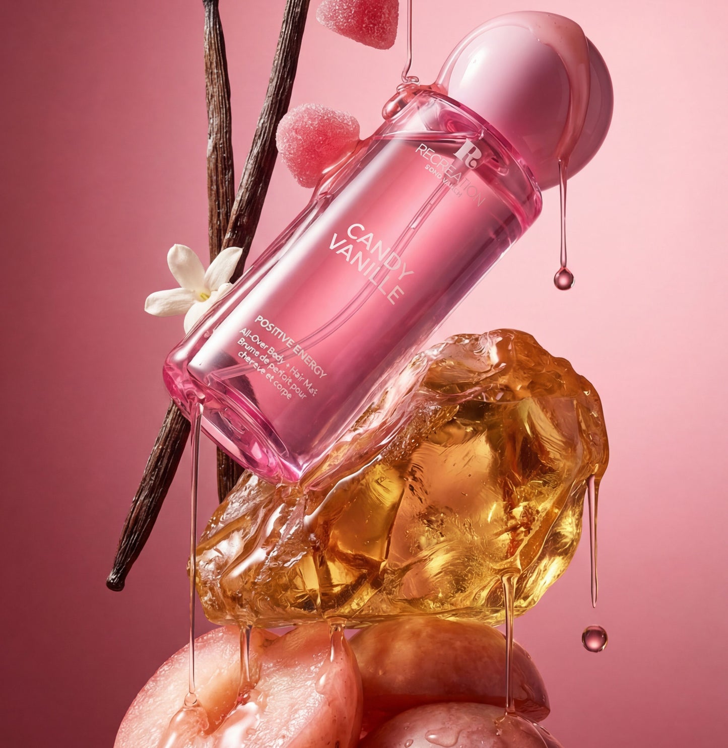 Vanilla and amber body and hair mist on clean background