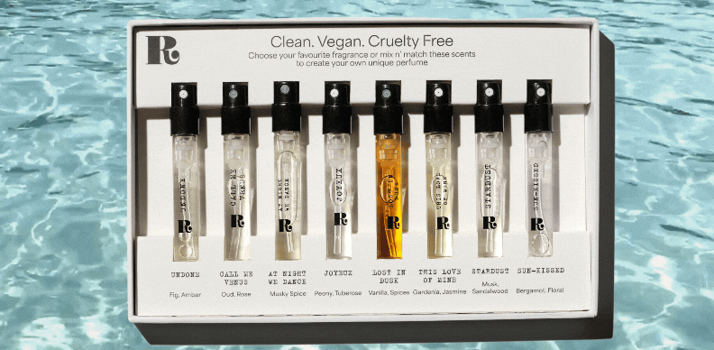 Perfume discovery set styled to showcase trial fragrance experience and scent exploration