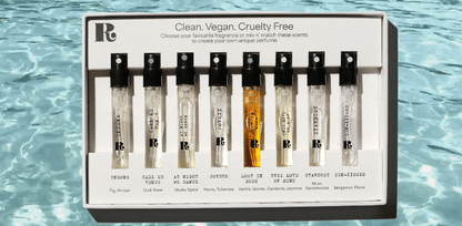 Perfume discovery set styled to showcase trial fragrance experience and scent exploration