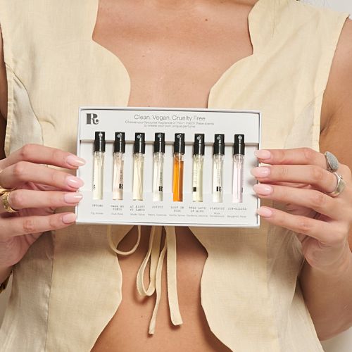 Perfume discovery set in box presented by model styled to showcase trial perfume experience and scent exploration