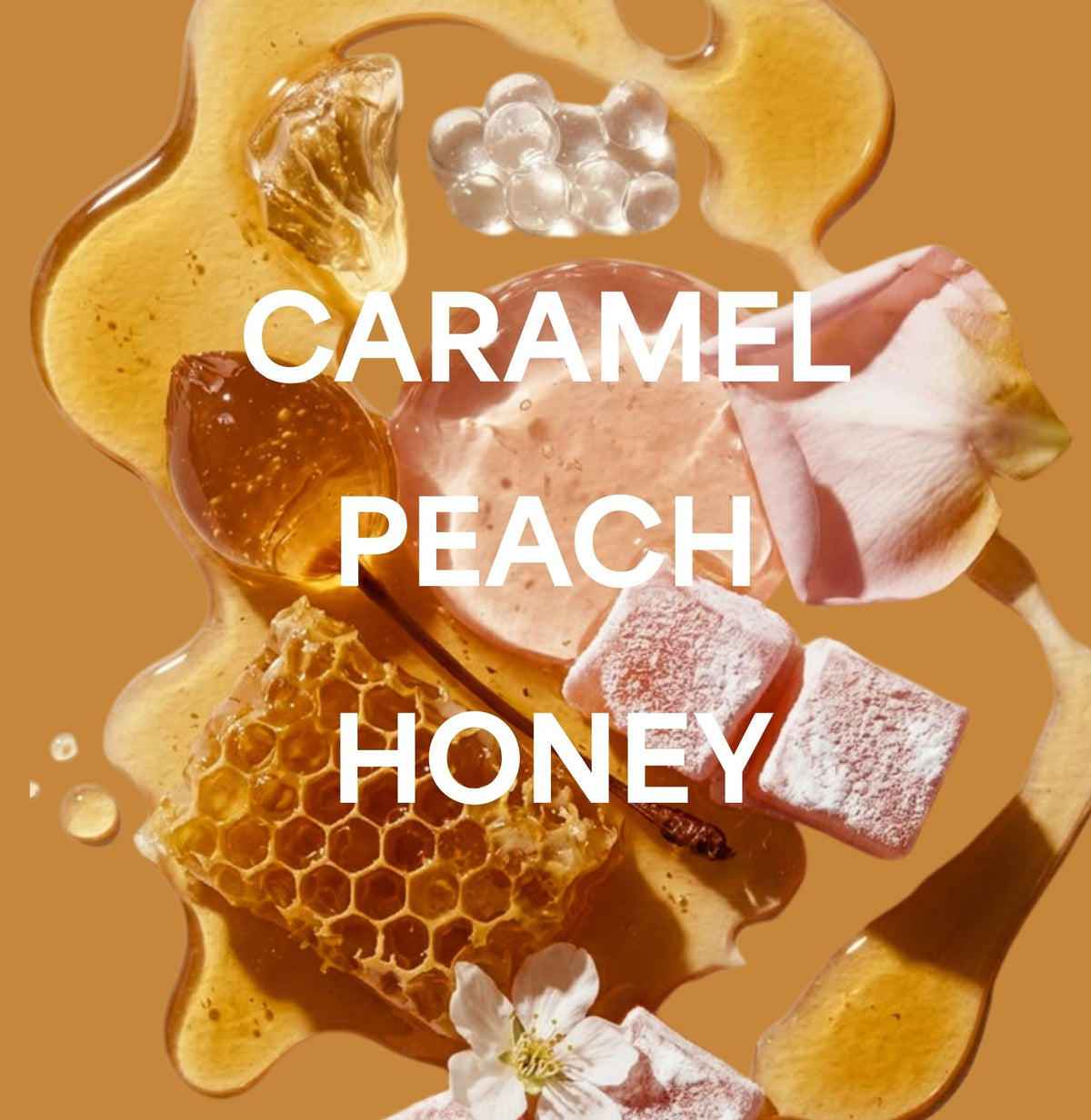 Lucky Chaos fragrance notes featuring caramel, sun-ripened peach and warm honey