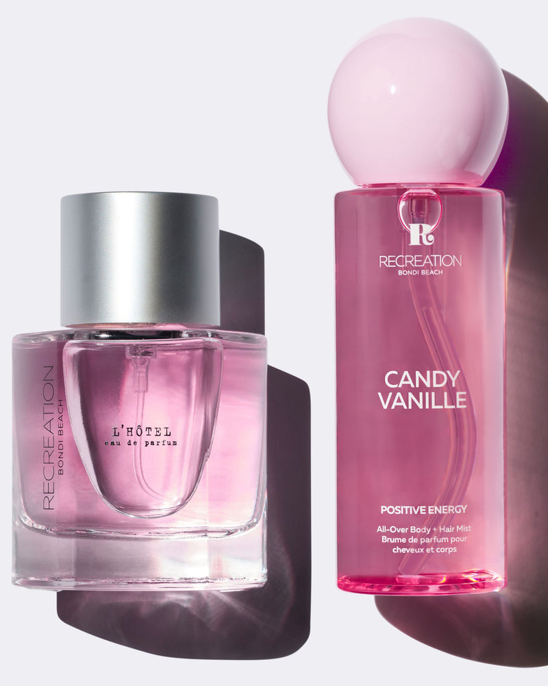 Spring Love Set: L'Hotel Eau de Parfum 50ml bottle beside Candy Vanille Body & Hair Mist 100ml by Recreation Beauty