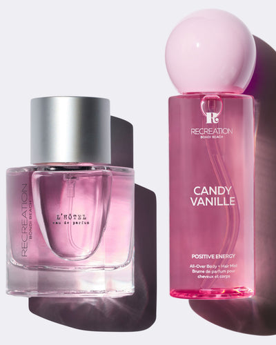 Spring Love Set: L'Hotel Eau de Parfum 50ml bottle beside Candy Vanille Body & Hair Mist 100ml by Recreation Beauty