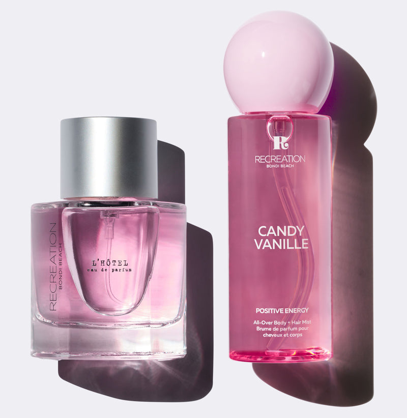 Spring Love Set: L'Hotel Eau de Parfum 50ml bottle beside Candy Vanille Body & Hair Mist 100ml by Recreation Beauty